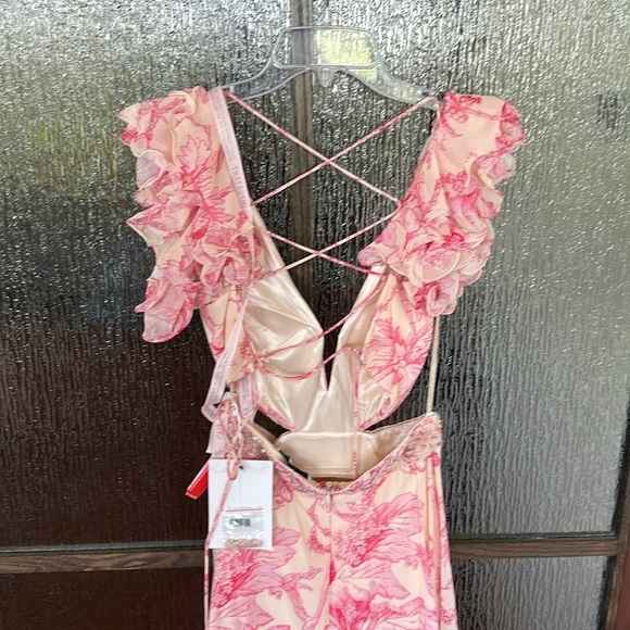 Mac Duggal Anthropologie Floral Printed Ruffle Shoulder Lace Up Gown size 2 - Picture 15 of 17